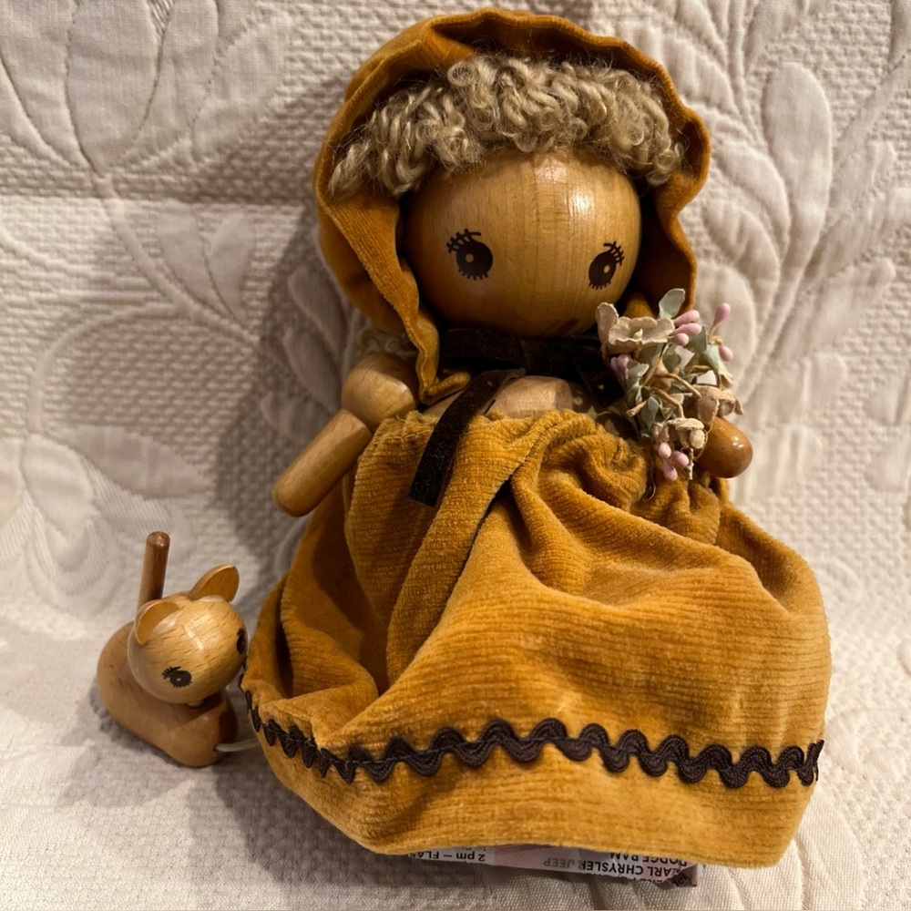 Schmid Wooden Music Box “Girl With Cat” Carries Flower Bouquet